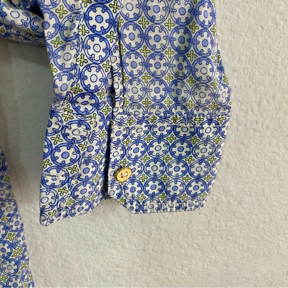 Tory Burch Blue Geometric Tile Print‎ Roll Tab Utility Shirt Size 8